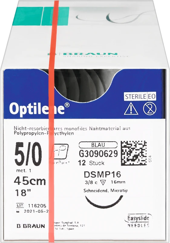 Optilene® Packung 12 Stück blau, 45 cm, DSMP16, 3/8 Kreis, schneidend, Mikropräzision, 16 mm, USP 5/0
