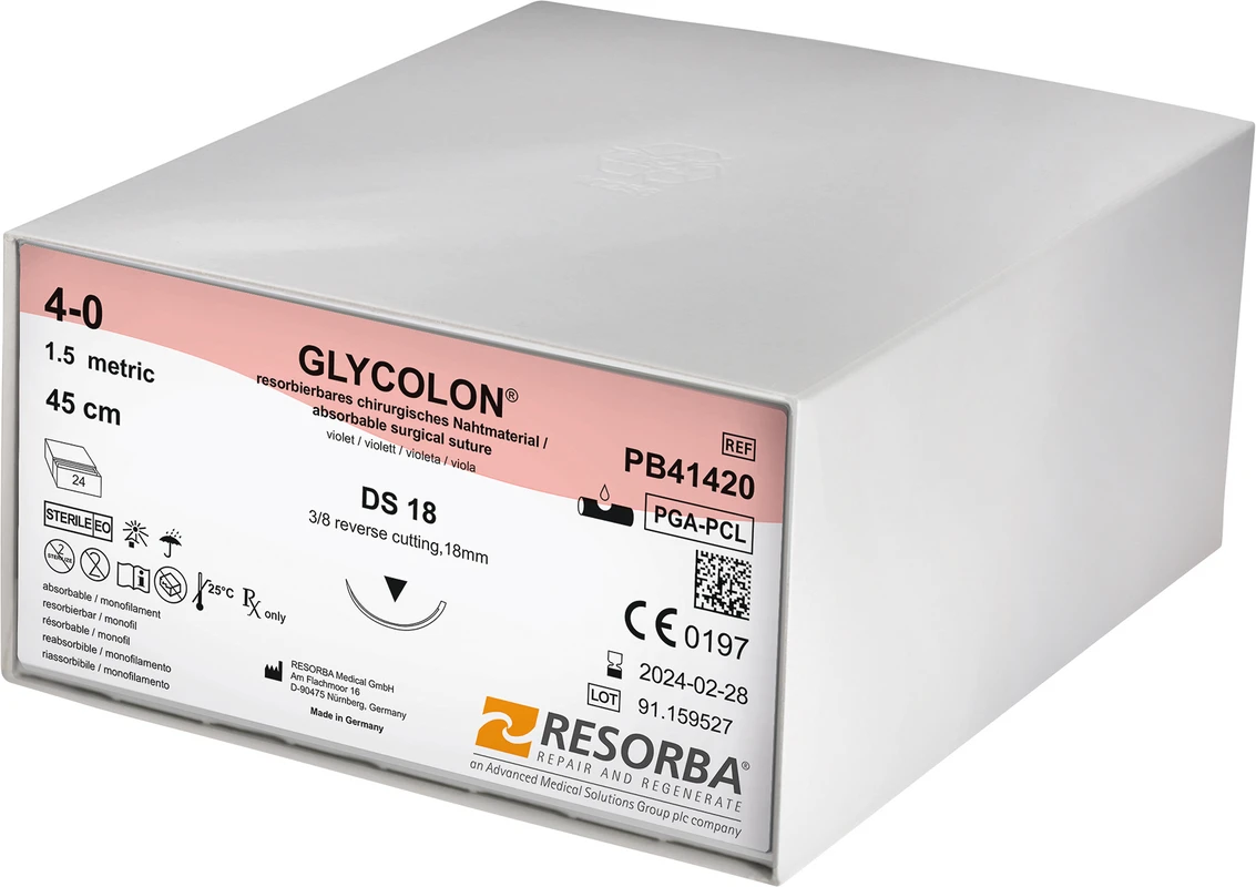 Glycolon® Monofil Packung 24 Stück violett, 45 cm, DS18, 3/8 Kreis, außen schneidend, 18 mm, USP 4/0