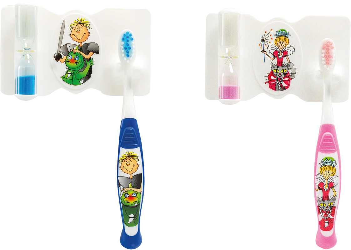 Omni Kinder-Zahnputzset Set Fee (1 Zahnbürste, 1 Wandhalterung inklusive Sanduhr)