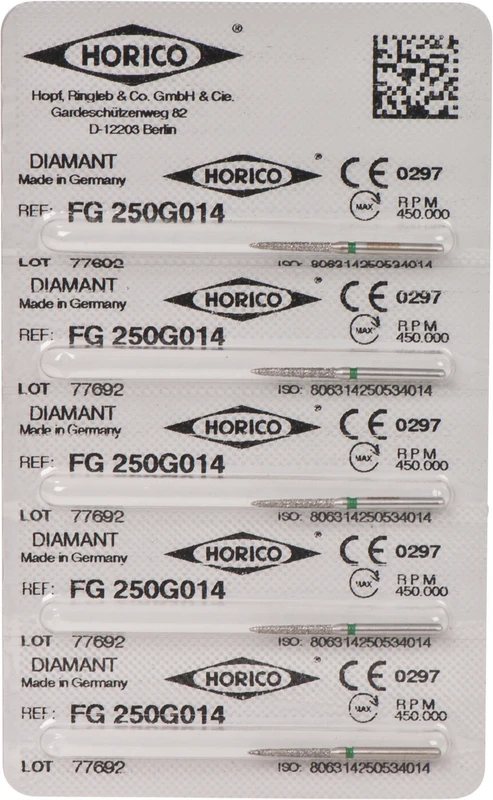 Diamantschleifer 250 Packung 5 Stück grün grob, FG, Figur 250, 10 mm, ISO 014