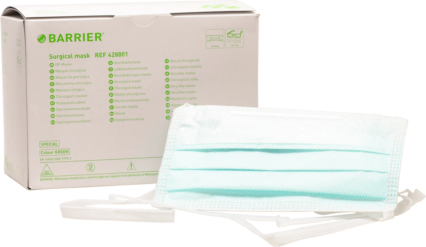 BARRIER® OP-Maske Special Packung 70 Stück grün, Bindebänder extra lang, mit Nasenbügel, antifog, Cellulose