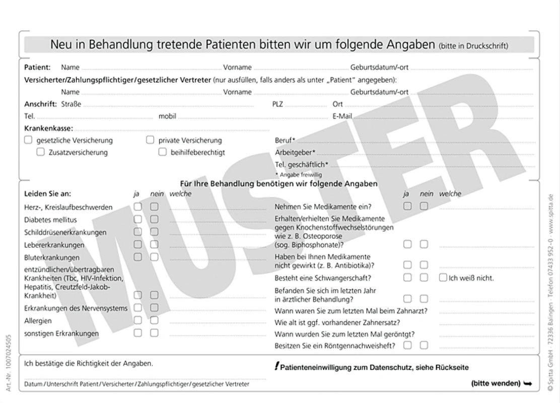 Anmeldeformulare Anamnese Stück 100 Blatt A5, Querformat