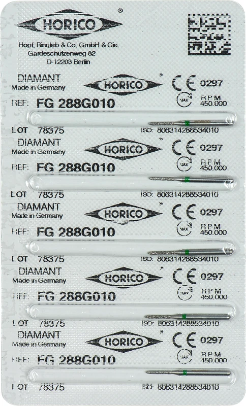 Diamantschleifer 288 Packung 5 Stück grün grob, FG, Figur 288, 6 mm, ISO 010