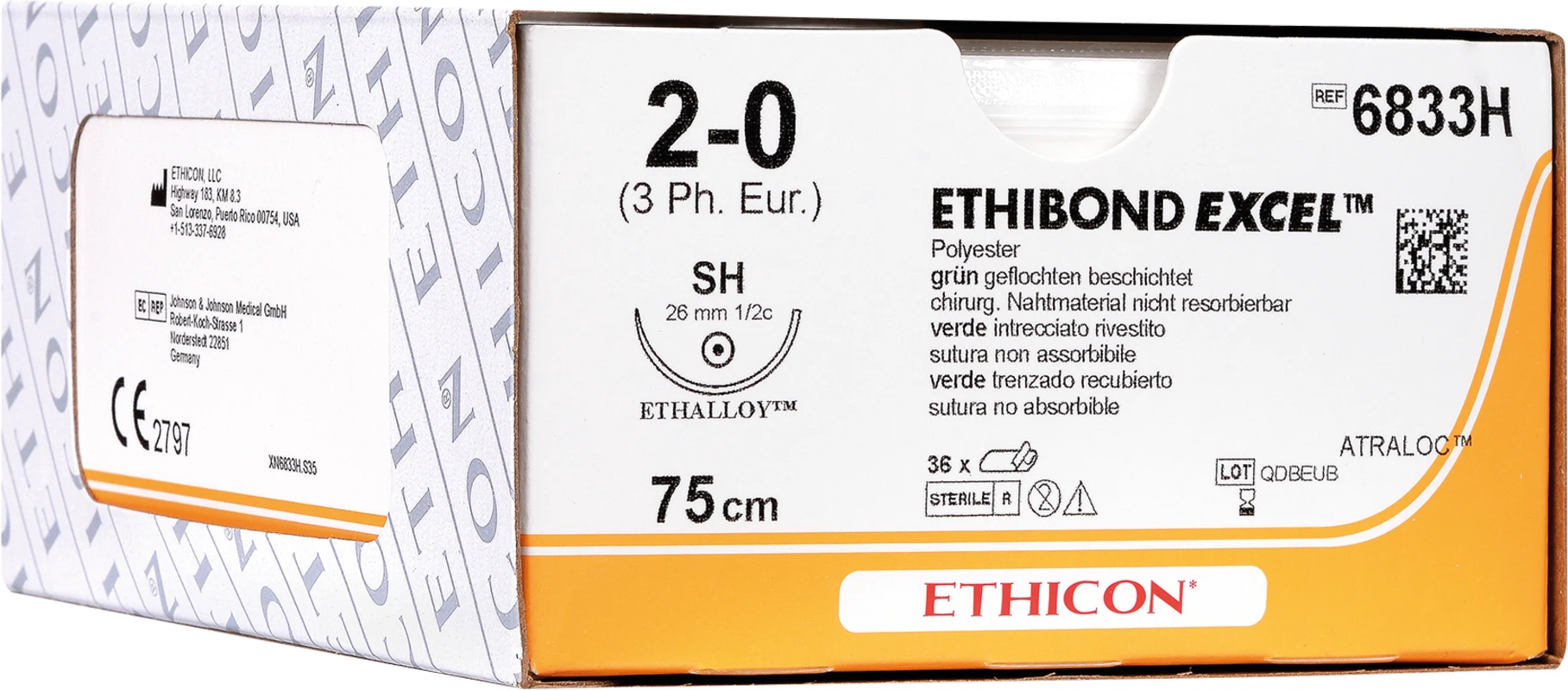 ETHIBOND EXCEL Packung 12 Stück grün, 45 cm, DA1 VB, Asymptotisch, Rundkörper, schneidend, 13 mm USP 4/0
