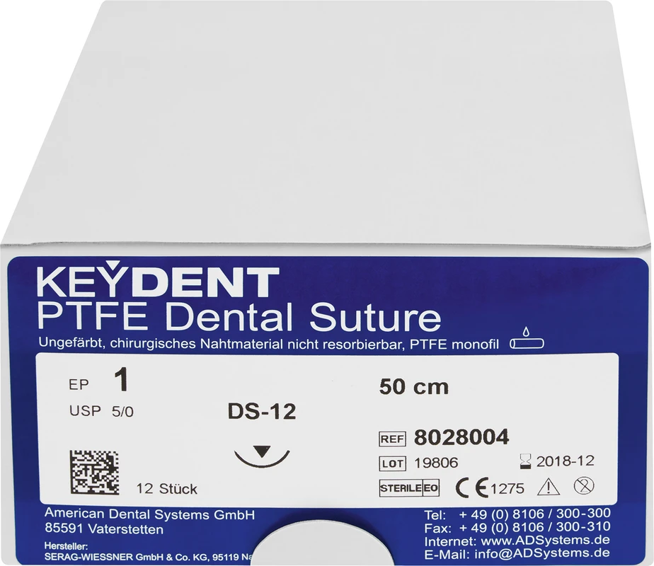 KEYDENT PTFE Packung 12 Stück Dental Suture EP 1 (USP 5-0), 50 cm, Nadel DS-12 KEYDENT PTFE American Dental