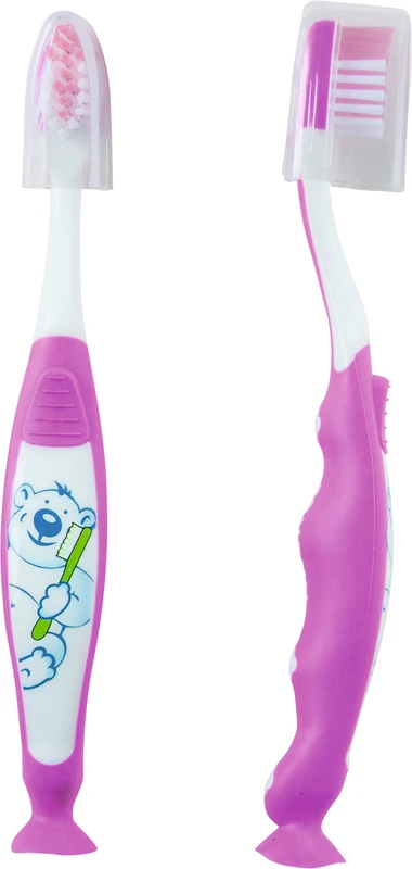 Kinderzahnbürste mit Saugfuss Packung 12 Stück Bär, pink