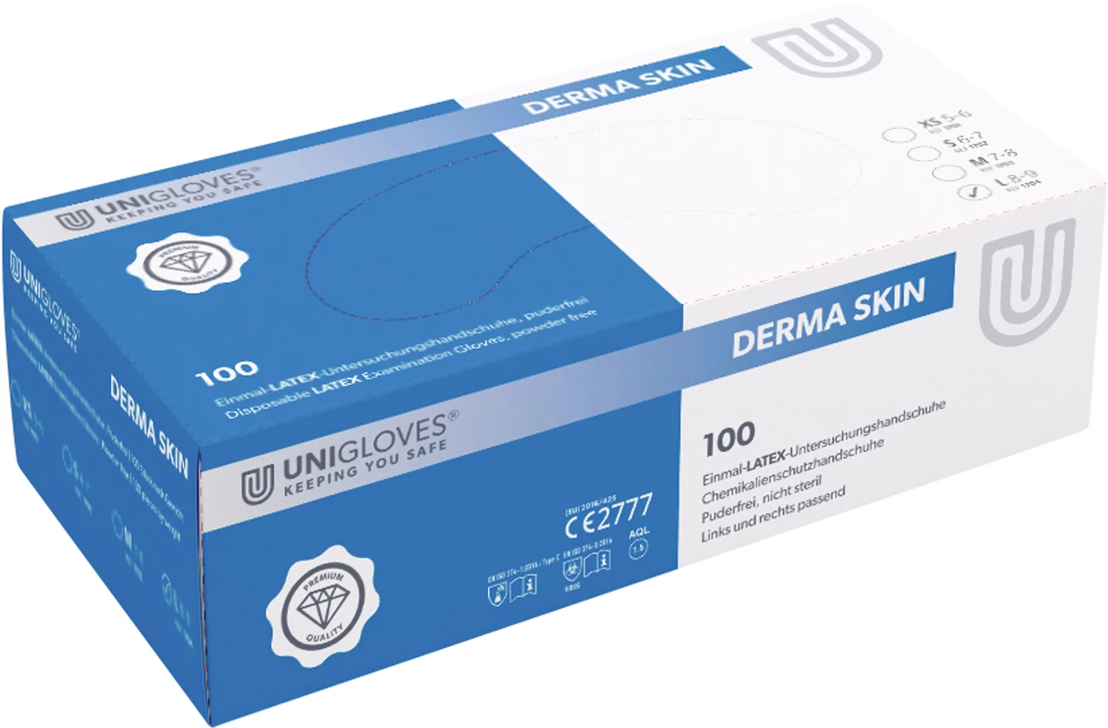 DERMA SKIN Latexhandschuhe Packung 100 Stück puderfrei, naturlatex, L DERMA SKIN Latexhandschuhe Unigloves