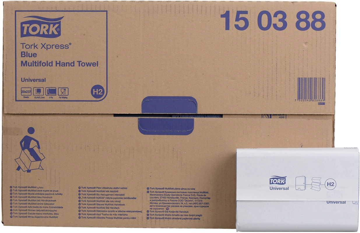 TORK® Xpress® Multifold (Interfold) Handtücher H2 System Karton 20 x 237 Stück 2-lagig, blau TORK® Xpress® Multifold (Interfold) Handtücher H2 System essity