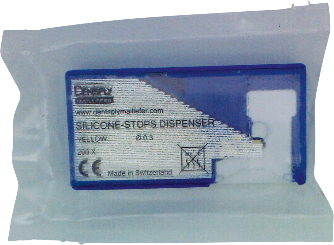 SILICONE-STOPS DISPENSER Packung 200 Stück vorperforiert gelb, Ø 0,3 mm