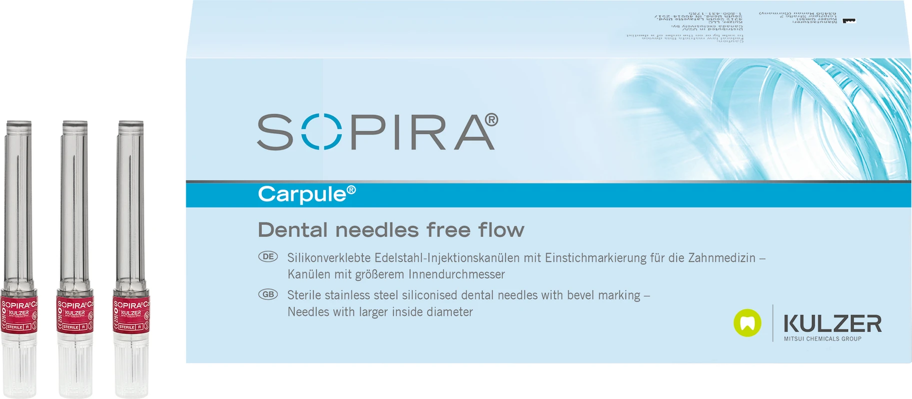 SOPIRA® Carpule® Free Flow Kanülen Packung 100 Stück 27G, 38 mm, langer Anschliff, dunkelrot, Typ Injektion Nervenblockade
