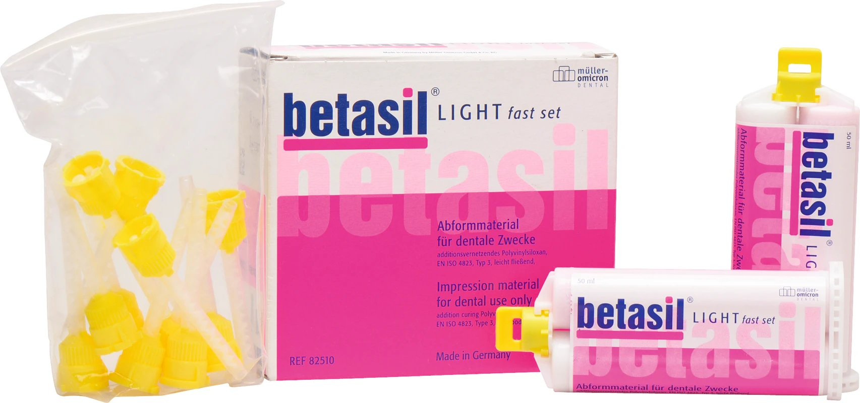 betasil® VARIO LIGHT Packung 2 x 50 ml Kartusche light fast, 12 Mixing Tips gelb