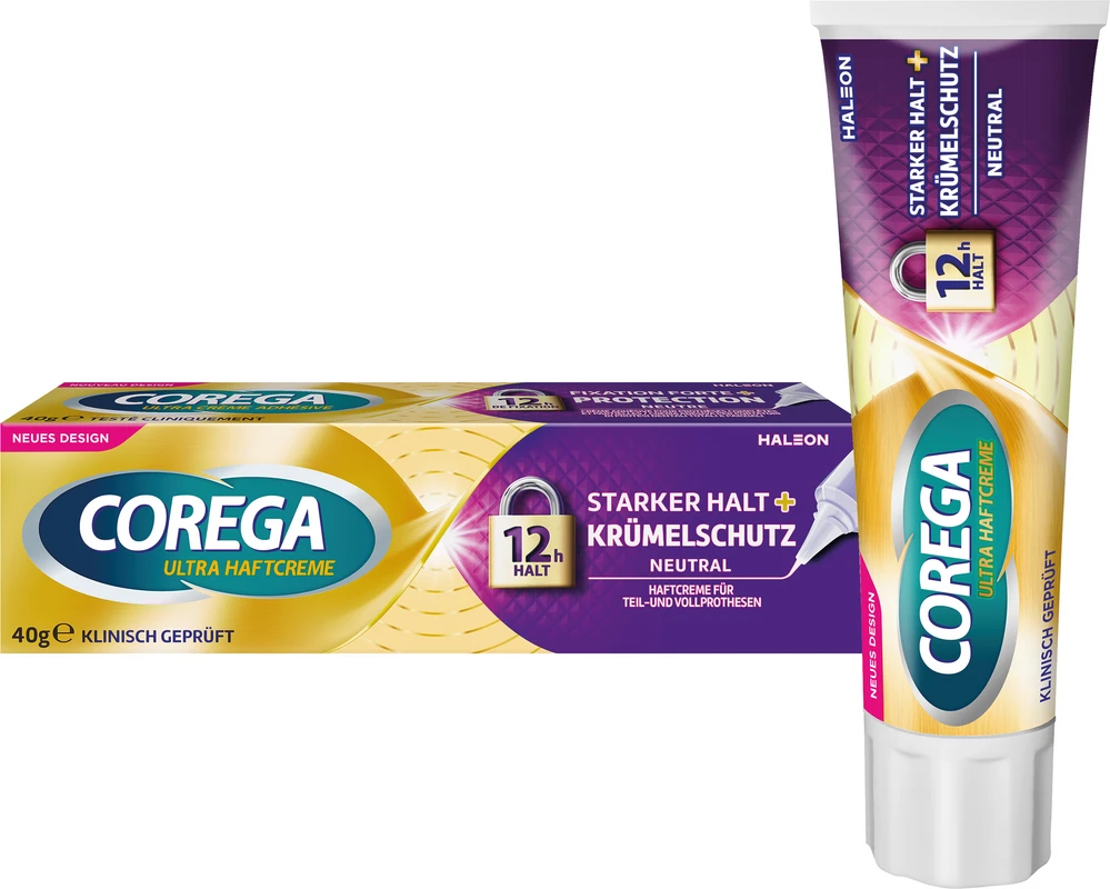 Corega Ultra Haftcreme Tube 40 g Starker Halt + Krümelschutz, neutraler Geschmack