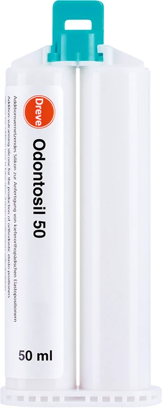 Odontosil Packung 2 x 50 ml Doppelkartusche Shore 50, 12 Mischkanülen grün