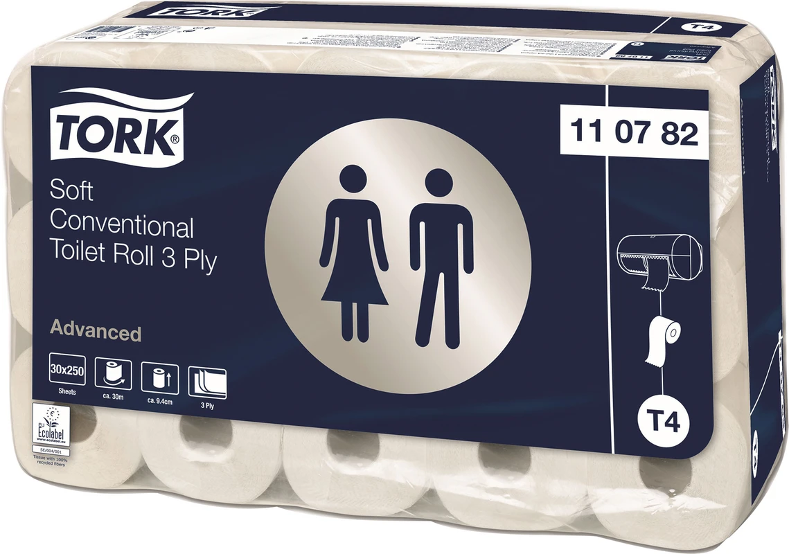 TORK® extra weiches Kleinrollen Toilettenpapier Packung 30 Stück 3-lagig, weich, geprägt, 9,4 x 12 cm, weiß
