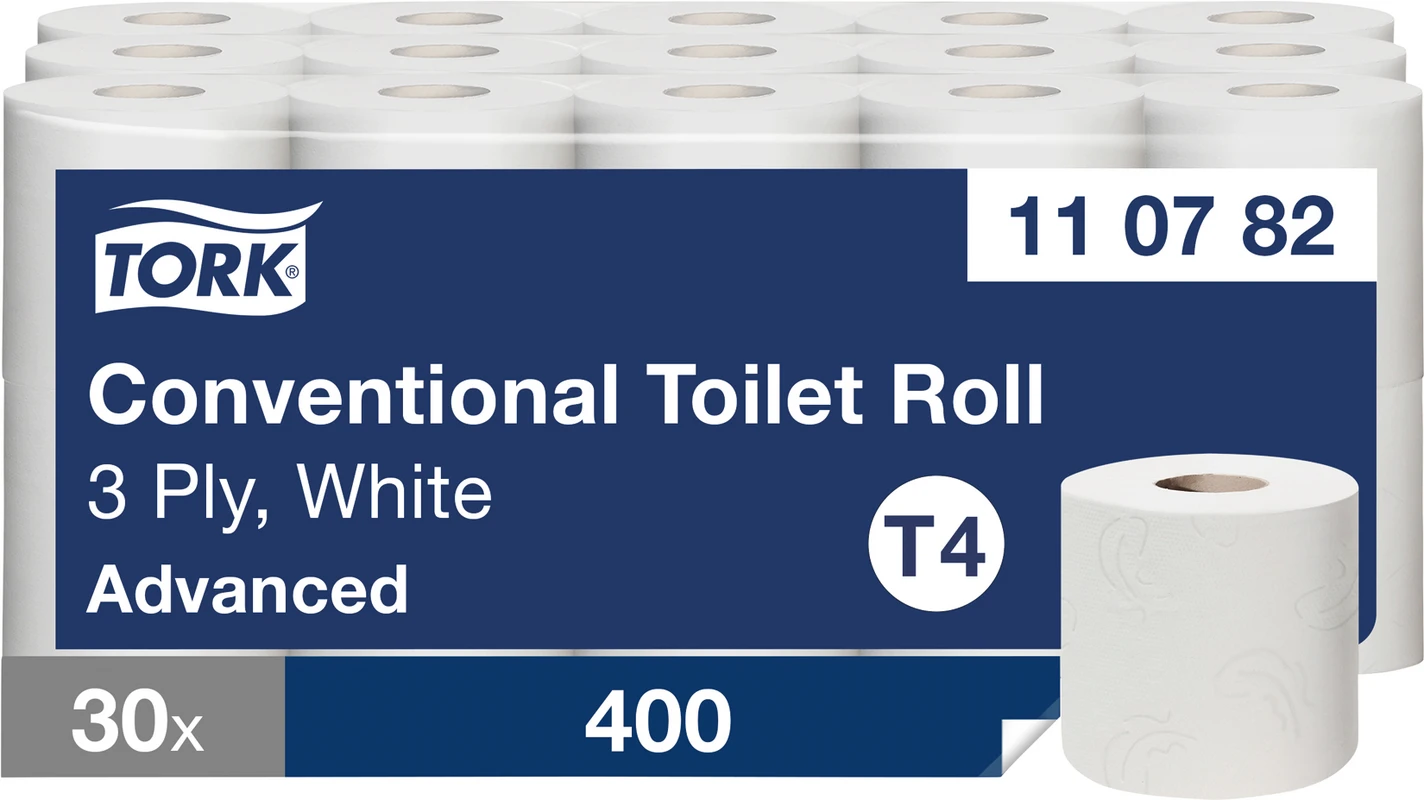 TORK® extra weiches Kleinrollen Toilettenpapier Packung 30 Stück 3-lagig, weich, geprägt, 9,4 x 12 cm, weiß