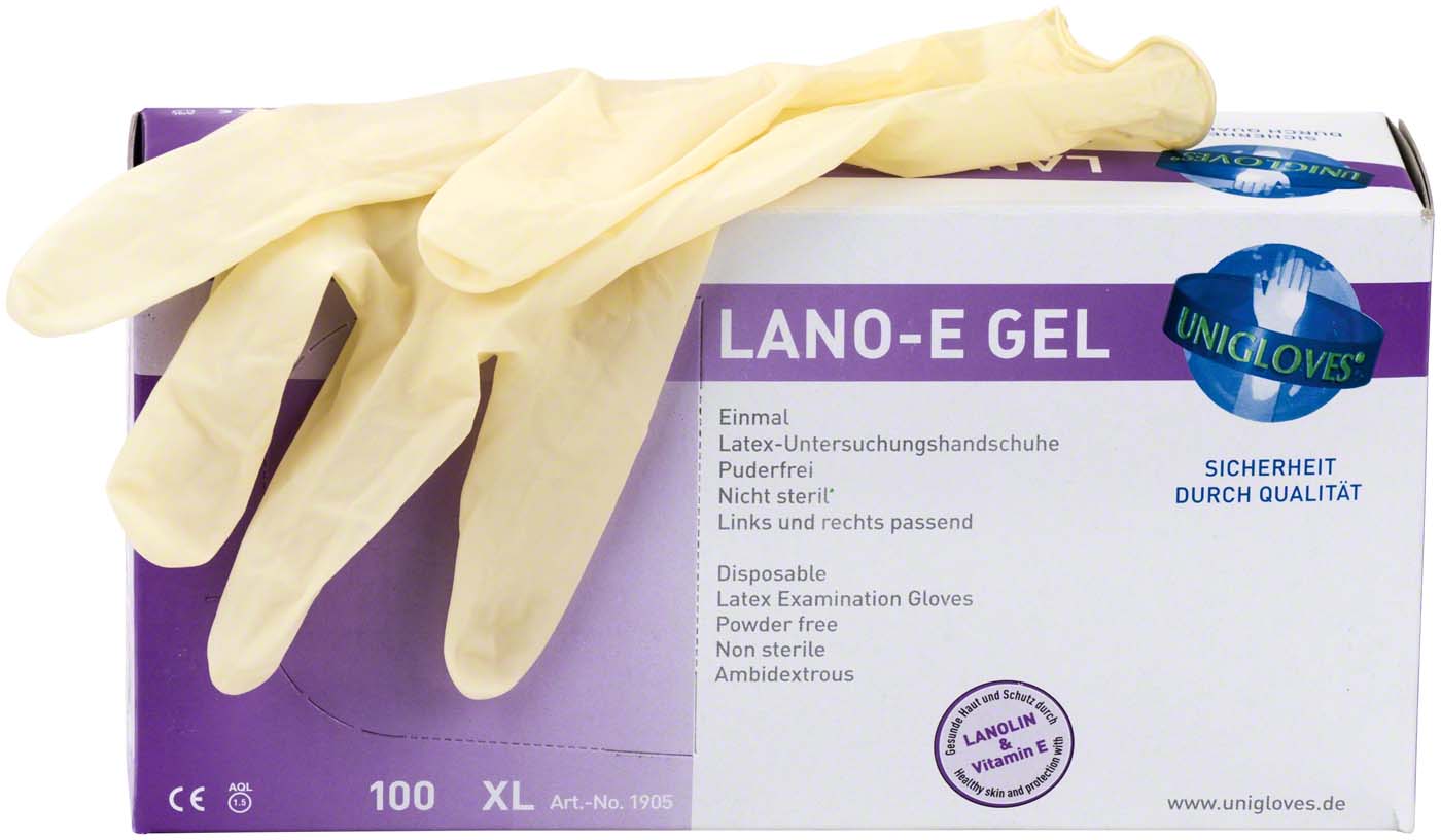 LANO-E GEL® Packung 100 Stück puderfrei, naturlatex, XL LANO-E GEL Unigloves