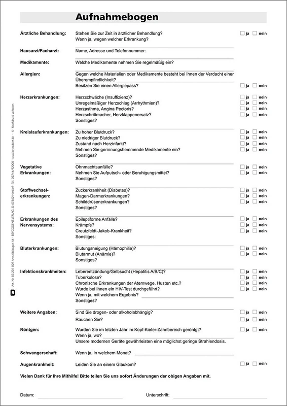 Anmeldebogen Anamnesebogen Stück 100 Blatt