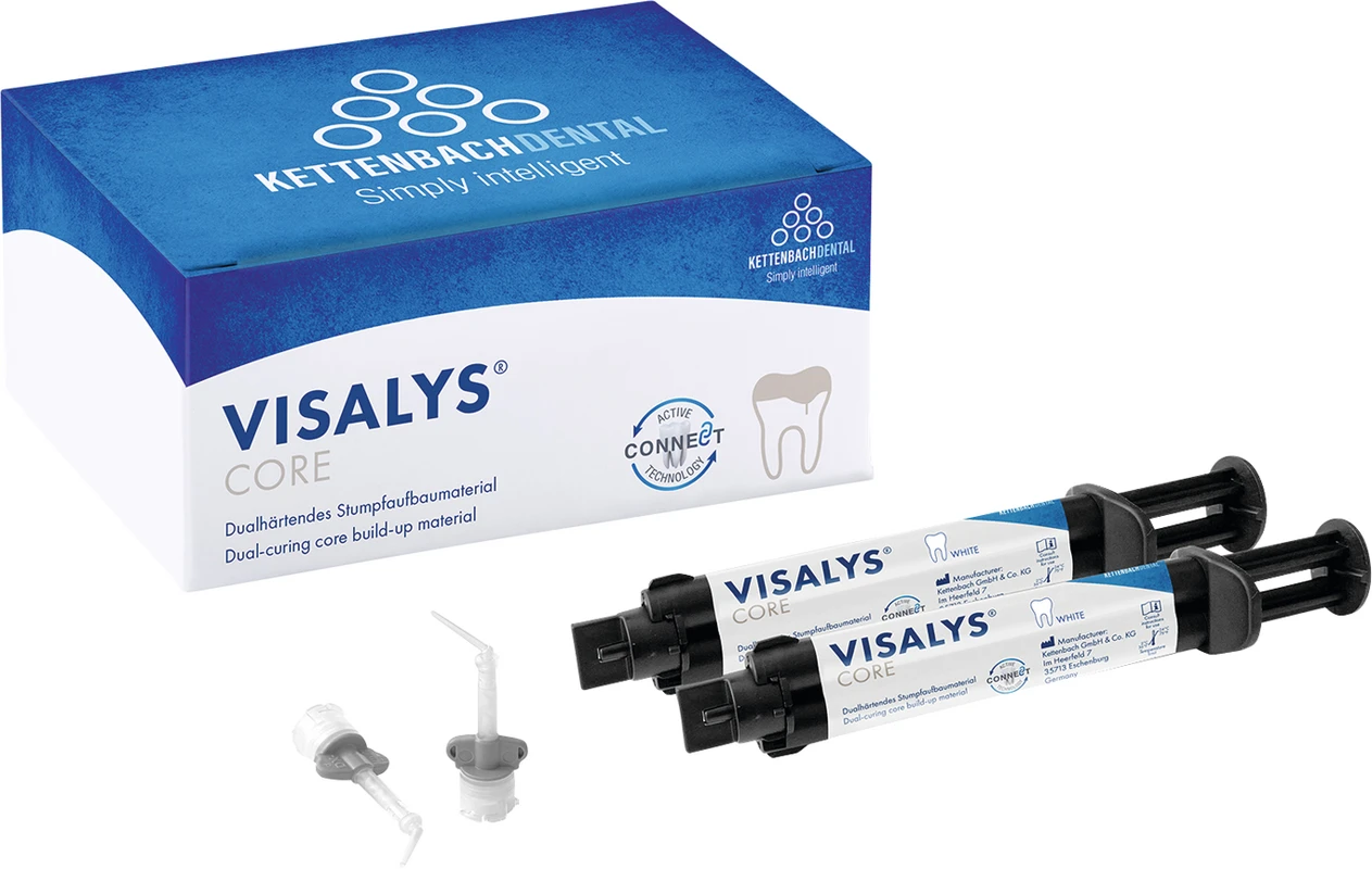Visalys® Core Normal pack 2 x 9 g (5 ml) Spritze weiß, 20 Mischkanülen, 10 Intraoral Tips, 10 Endo Tips
