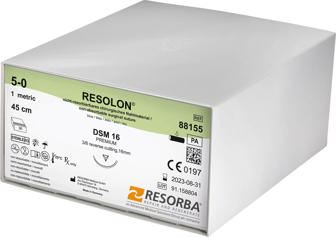 RESOLON® Packung 36 Stück blau, 45 cm, DSM16, 3/8 Kreis, außen schneidend, 16 mm, USP 5/0