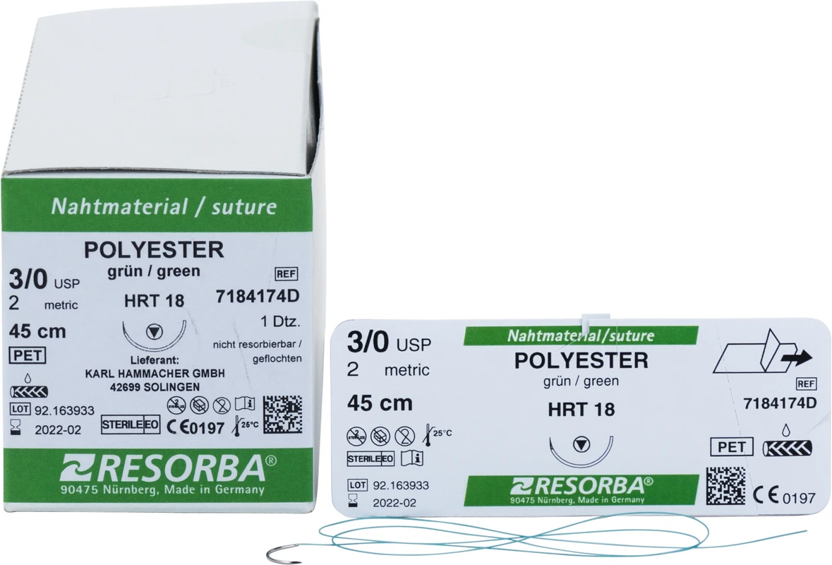 RESORBA® Polyester Packung 12 Stück grün, 45 cm, HRT18, 1/2 Kreis, schneidender Rundkörper, 18 mm, USP 3/0