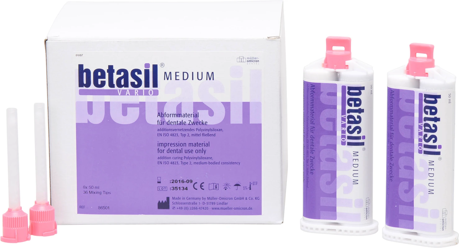 betasil® VARIO MEDIUM Großpackung 6 x 50 ml Kartusche, 36 Mixing Tips rosa betasil® VARIO MEDIUM Müller-Omicron