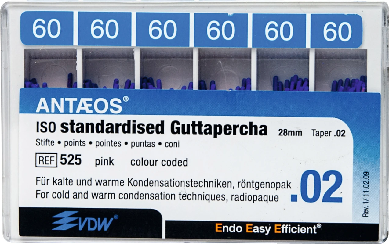 Guttaperchastifte Packung 120 Stück rosa, Taper.02 ISO 060