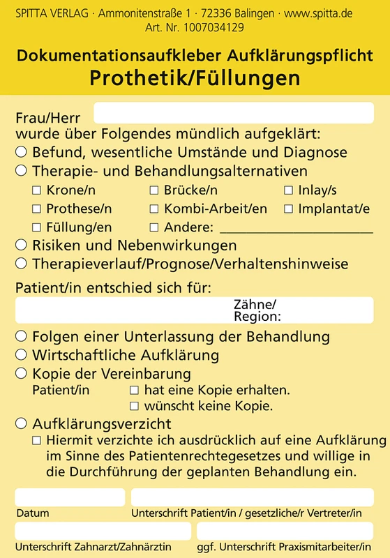 Dokumentationsaufkleber Aufklärungspflicht Stück 50 Blatt Prothetik/Füllungen, gelb