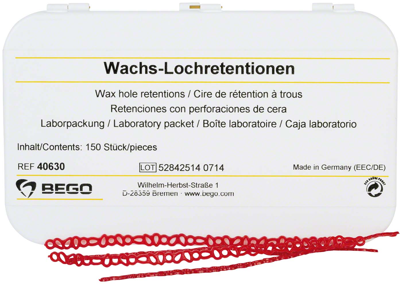Wachs-Lochretentionen Laborpackung 150 Lochretentionen rot Wachs-Lochretentionen BEGO