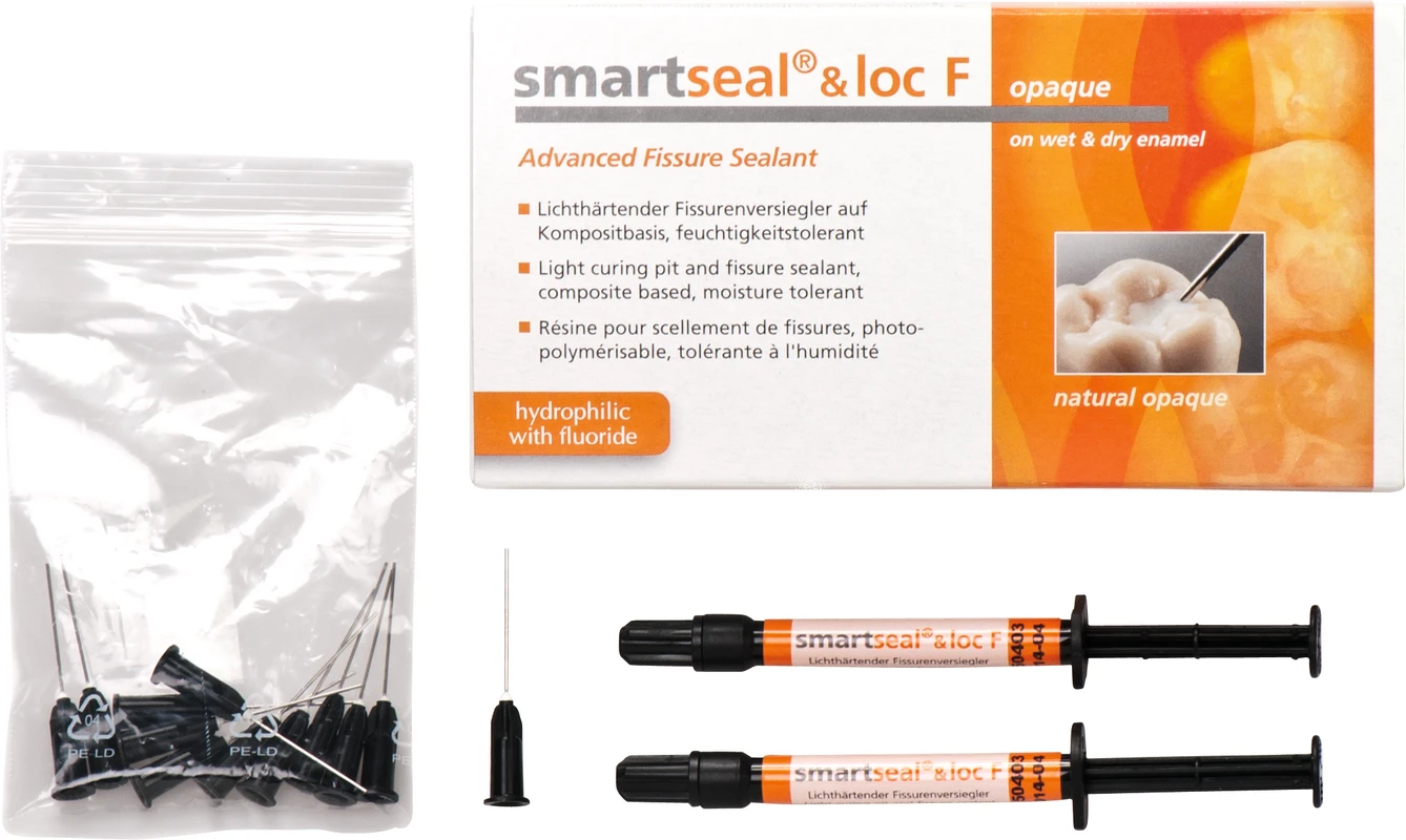 smartseal® & loc / F Standardpackung 2 x 1,5 g Spritze mit Fluorid, natural opaque, 12 Nadeln schwarz