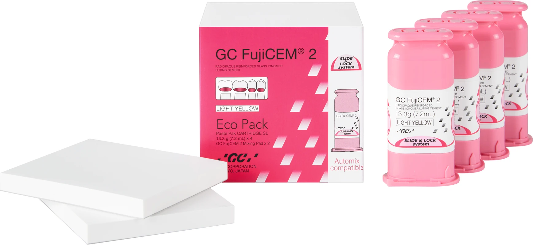 GC FujiCEM® 2 SL Eco Packung 4 x 13,3 g Kartusche, 2 Mixing Pads GC FujiCEM® 2 SL GC