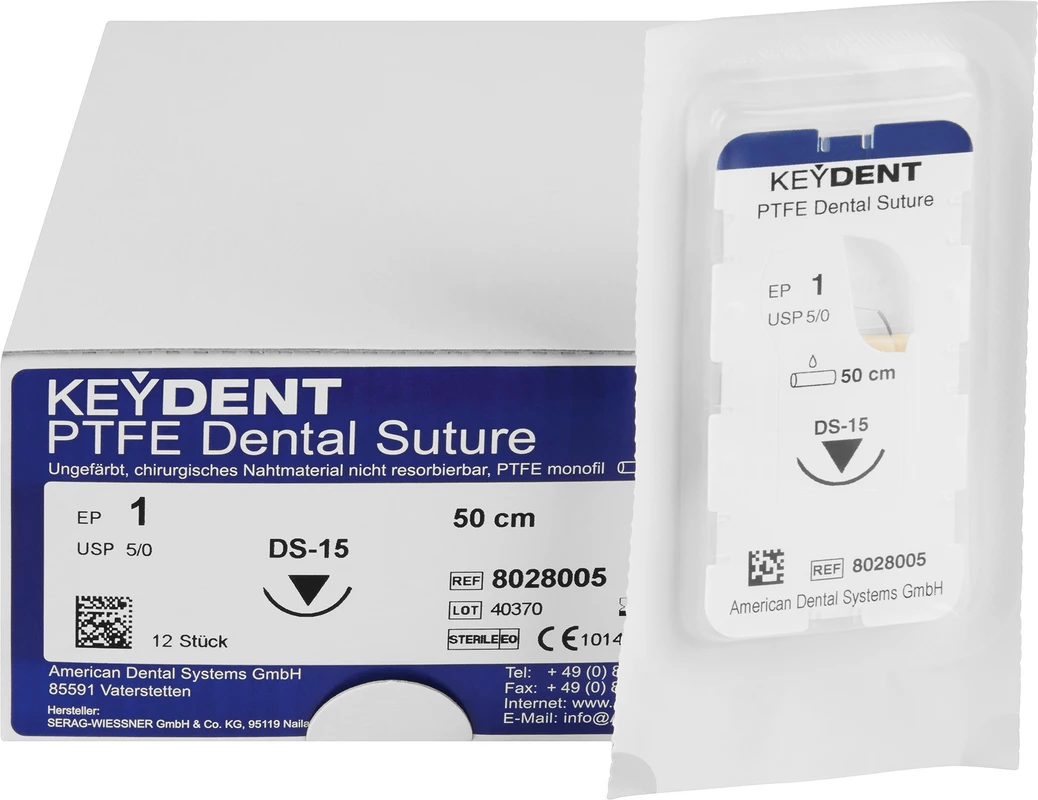 KEYDENT PTFE Packung 12 Stück 50 cm, Edelstahl, DS-15, USP 5/0