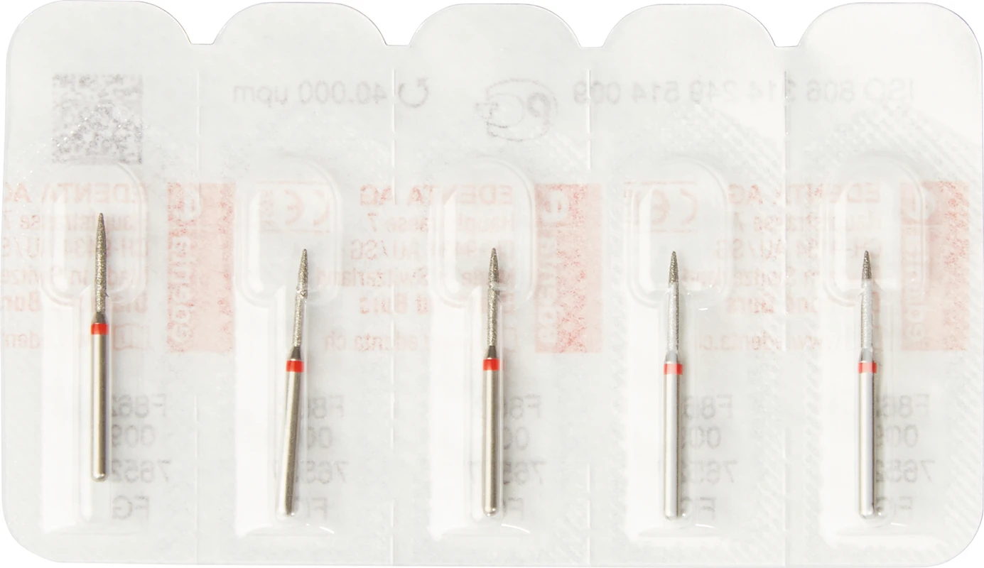Diamanten 862 Packung 5 Stück rot fein, FG, Figur 249 Flamme, 8 mm, ISO 009