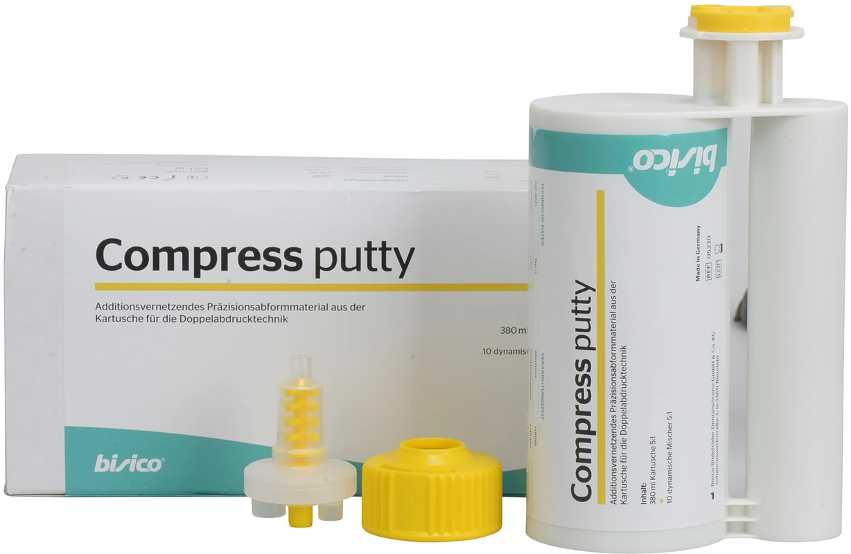 Compress putty Packung 380 ml Doppelkartusche 5:1, 10 dynamische Mischer, 1 Fixationsring Compress putty bisico