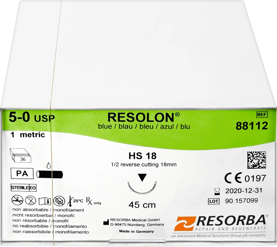 RESOLON® Packung 36 Stück blau, 45 cm, HS18, 1/2 Kreis, außen schneidend, 18 mm, USP 5/0