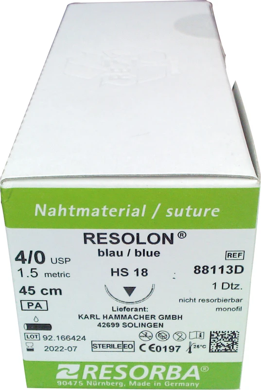 RESOLON® Packung 12 Stück blau, 45 cm, HS18, 1/2 Kreis, außen schneidend, 18 mm, USP 4/0
