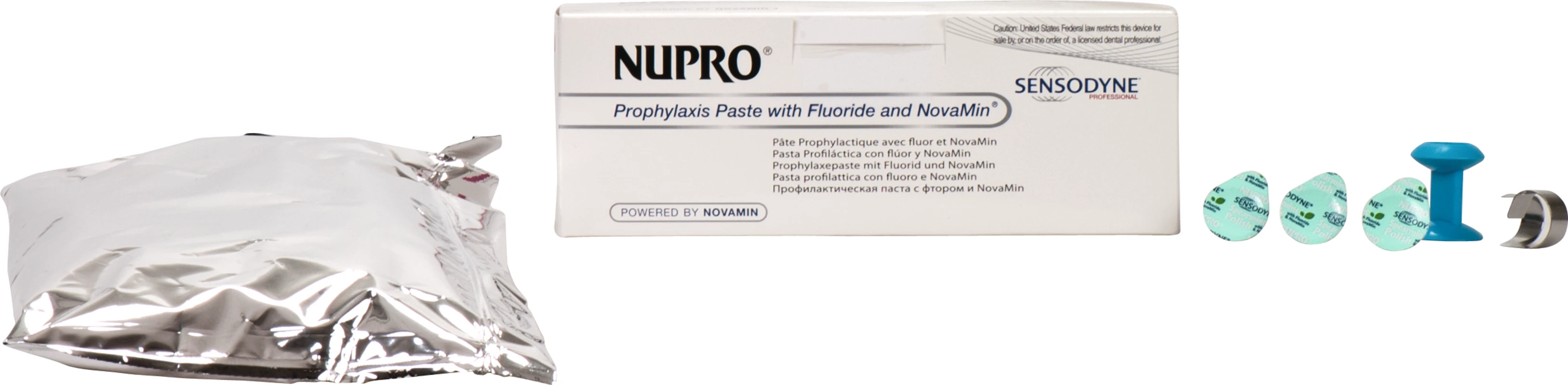 NUPRO® mit NovaMin® Packung 175 x 1,4 g Single Dose Minze mit Fluorid, 1 Prophy Grip, 1 Prophy Ring