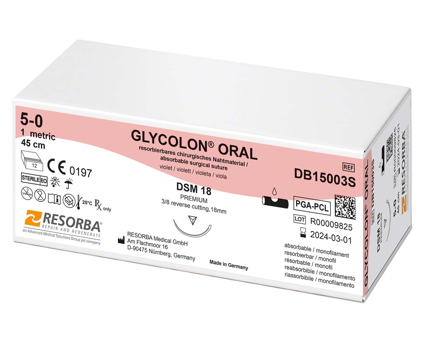 Glycolon® Oral Packung 12 Stück violett, 45 cm, DSM18 silber, USP 5/0 Glycolon® Oral Resorba Medical