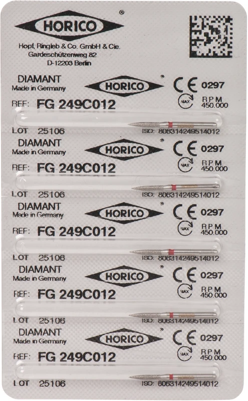 Diamantschleifer 249 Packung 5 Stück rot fein, FG, Figur 249, 8 mm, ISO 012