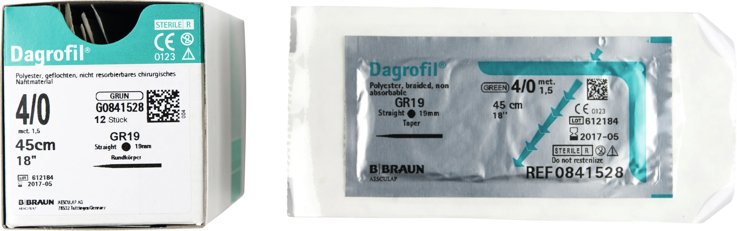 Dagrofil® Packung 12 Stück grün, 45 cm, GR19, gerade, Rundkörper, 19 mm, USP4/0