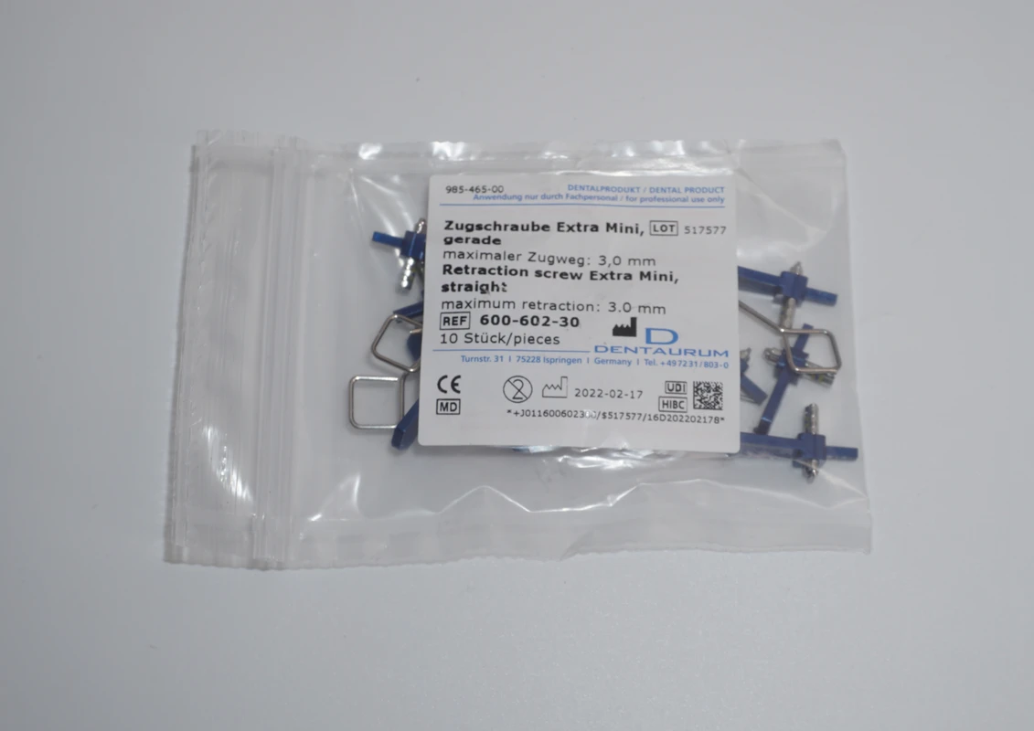 Zugschrauben, Edelstahl Packung 10 Stück Extra-Mini, Drehrichtungspfeil aufgedruckt blau-gelb, Maximaler Zugweg 3 mm