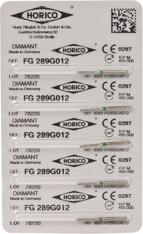 Diamantschleifer 289 Packung 5 Stück grün grob, FG, Figur 289, 8 mm, ISO 012