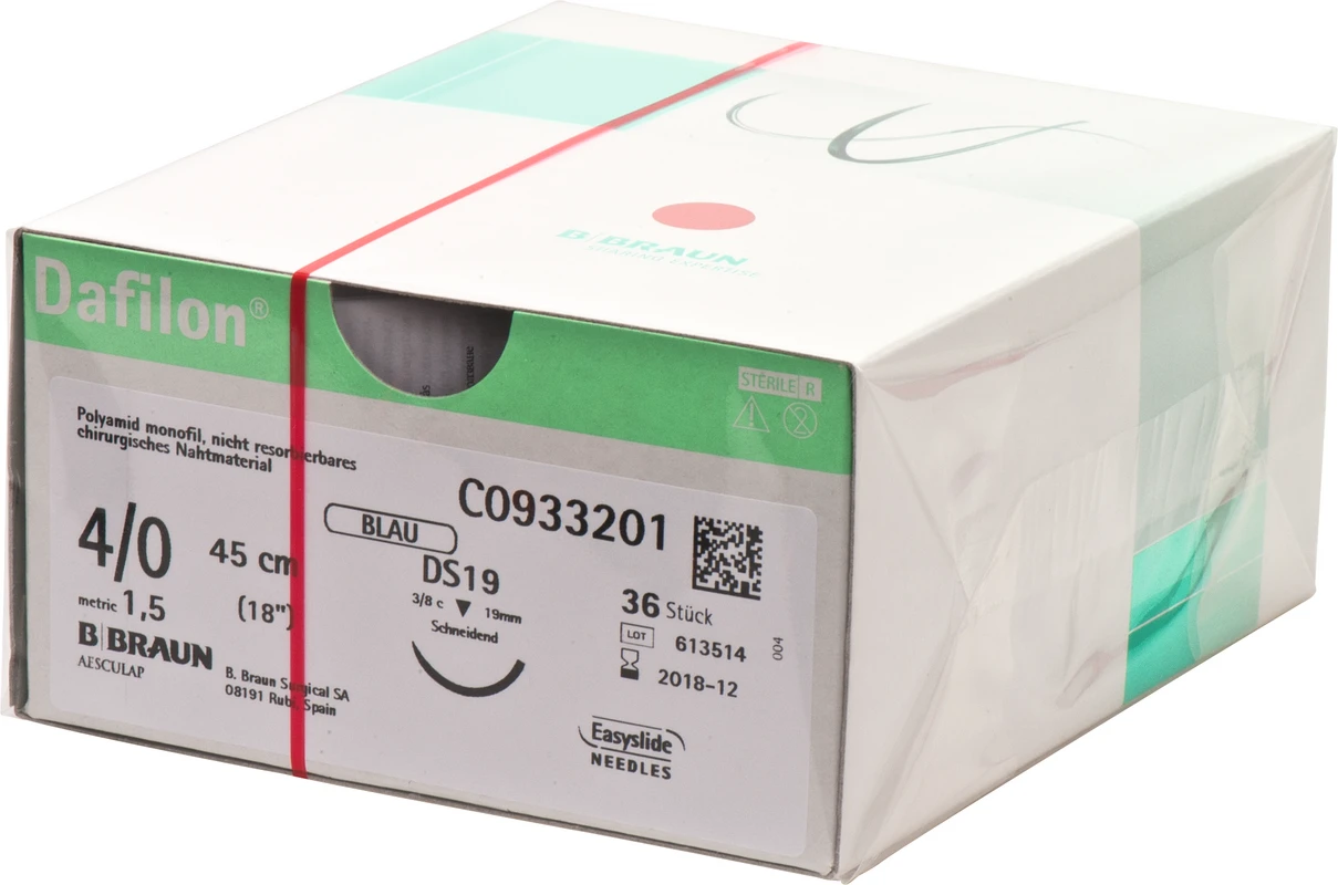 Dafilon® Packung 36 Stück blau, 45 cm, DS19, 3/8 Kreis, schneidend, 19 mm, USP 4/0
