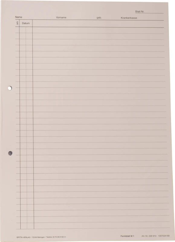 Krankenblatt M1 Stück 100 Blatt weiß, seitlich gelocht, A4 Krankenblatt M1 Spitta Verlag