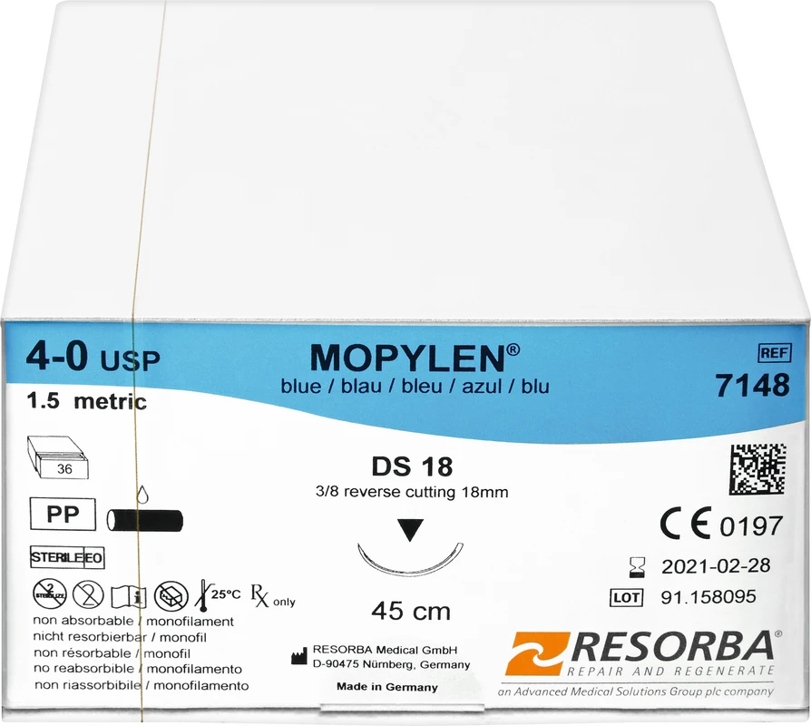 MOPYLEN® Packung 36 Stück blau, 45 cm, DS18, 3/8 Kreis, außen schneidend, 18 mm, USP 4/0