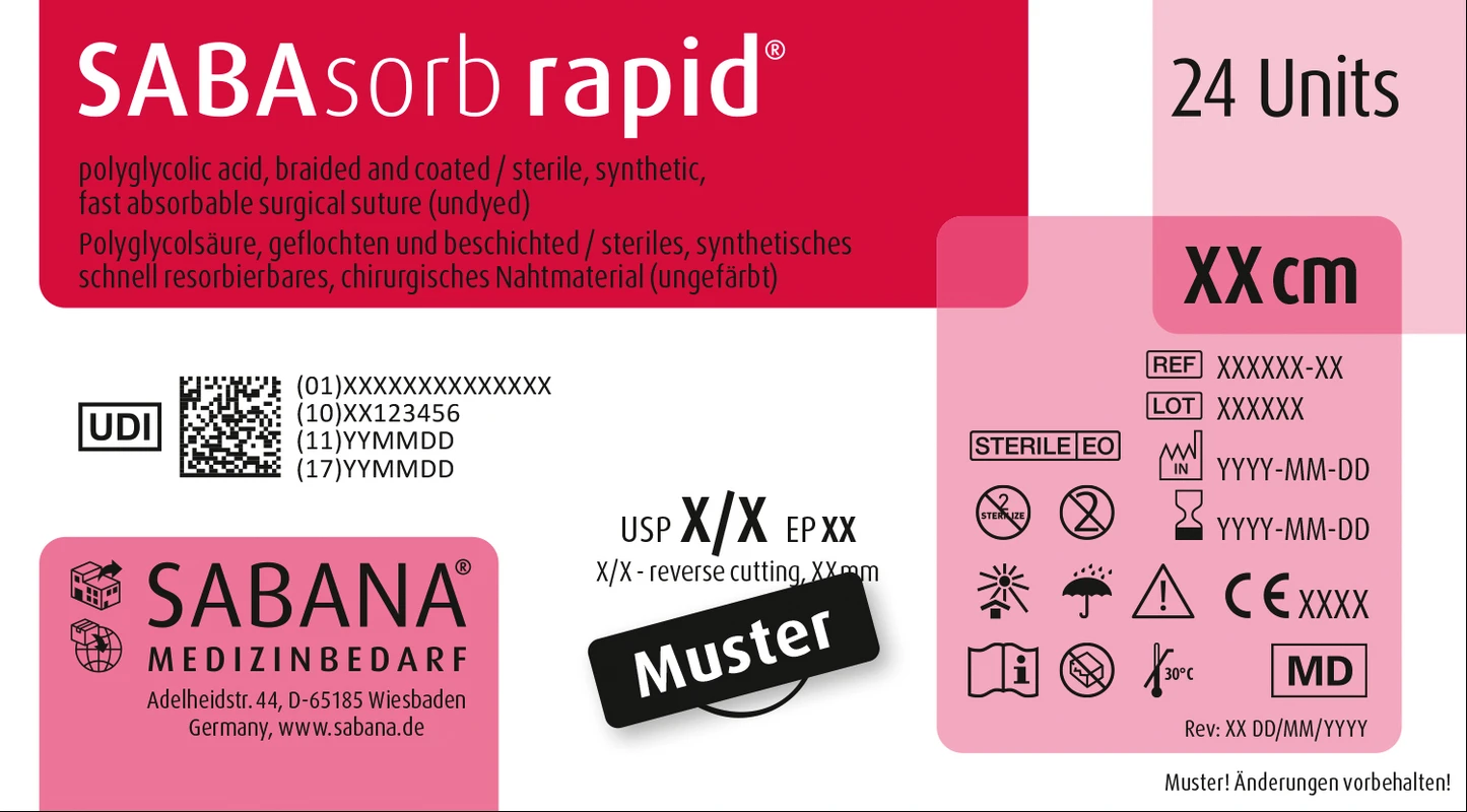 SABAsorb rapid® Packung 24 Stück ungefärbt, 45 cm, DS-16, 3/8 Kreis, schneidend, 16 mm, USP 4/0