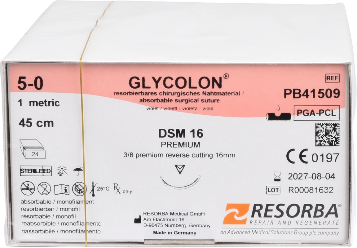Glycolon® Oral Packung 24 Stück violett, 45 cm, DSM16, 3/8 Kreis, außen schneidend, Premium-Schliff, 16 mm, USP 5/0