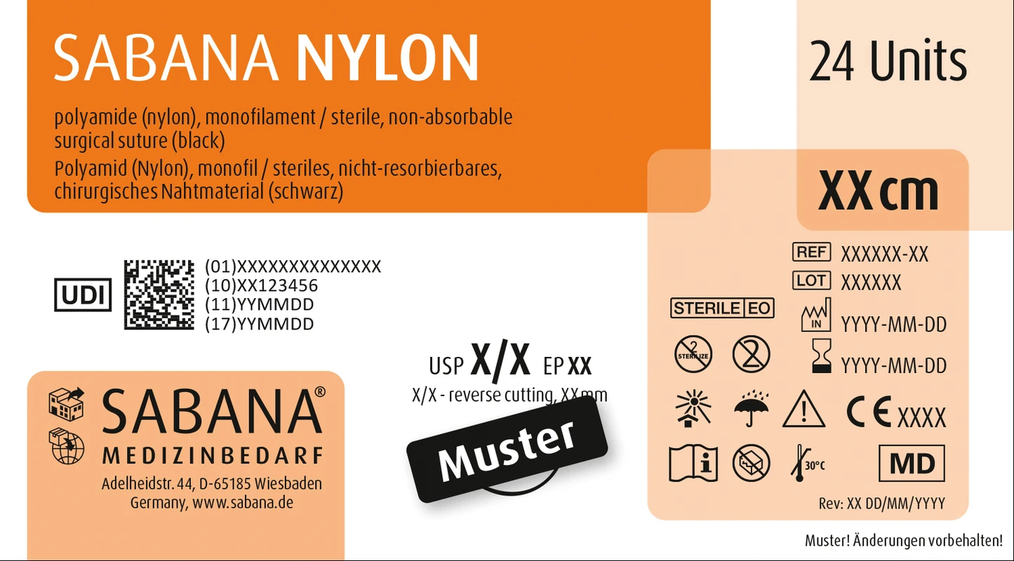 SABANA NYLON Packung 24 Stück schwarz, 75 cm, DS-19, 3/8 Kreis, schneidend, 19 mm, USP 4/0