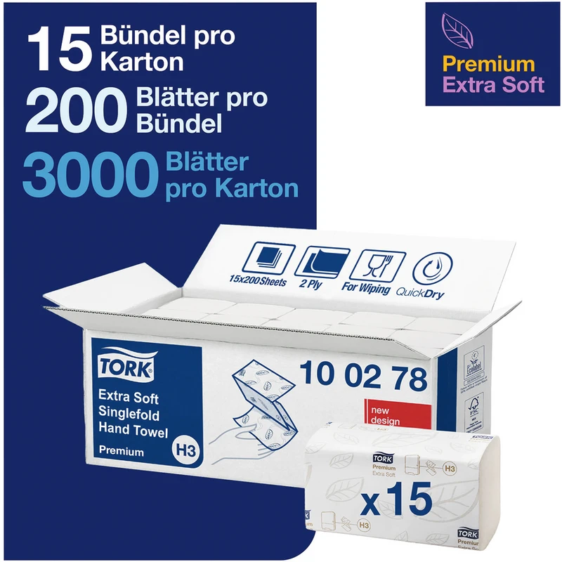TORK® extra weiche Zickzack Handtücher (V-Falz) H3 System Karton 15 x 200 Stück 2-lagig, extra weich, 23 x 22,6 cm, hochweiß