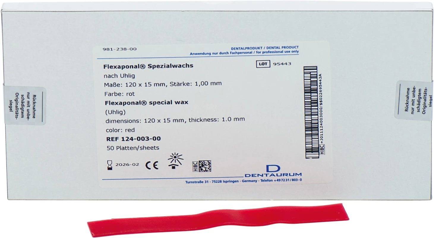 Flexaponal® Wachs nach Uhlig Packung 50 Stück rot, 120 x 15 mm, Stärke 1 mm
