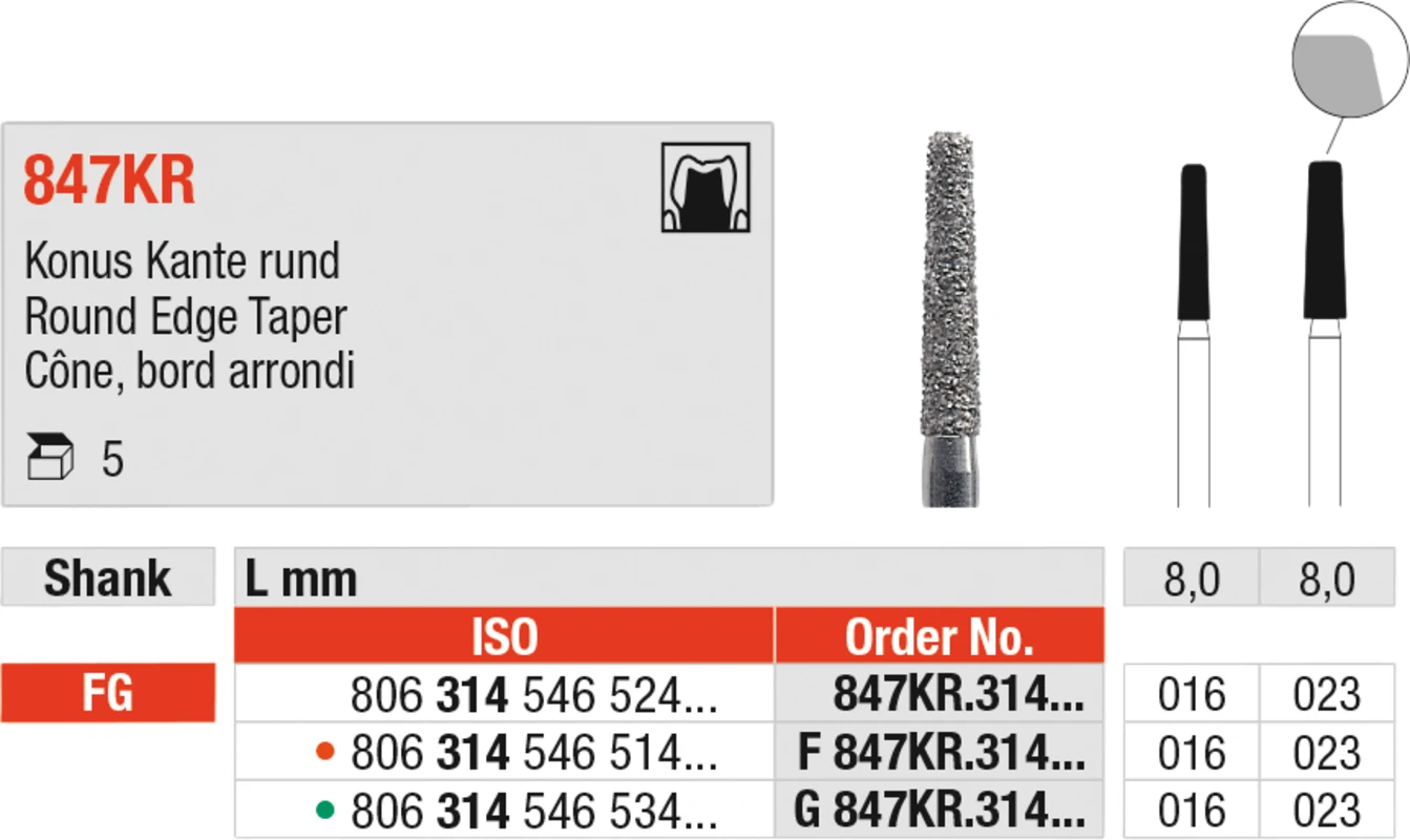Diamanten 847KR Packung 5 Stück rot fein, FG, Figur 546 Konus Kante rund, 8 mm, ISO 023